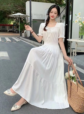 法式甜美风白色方领连衣裙女短袖高腰长裙显瘦大摆裙棉绸旅游拍照