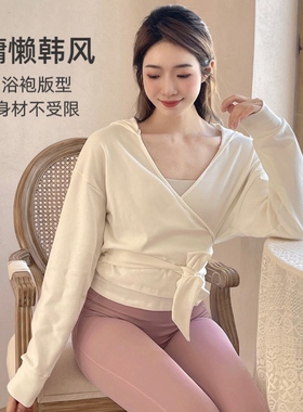 YEUNG SUKHAN/浴袍式外套 宽松连帽绑带开衫围裹V领瑜伽运动长袖