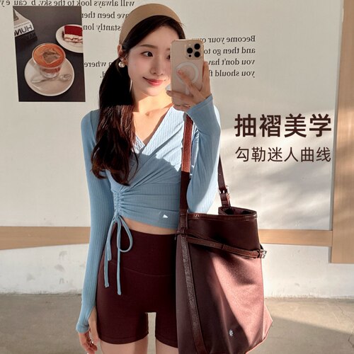 YSH/单边抽绳tee 芭蕾风瑜伽服交叉褶皱显瘦普拉提运动长袖可外穿