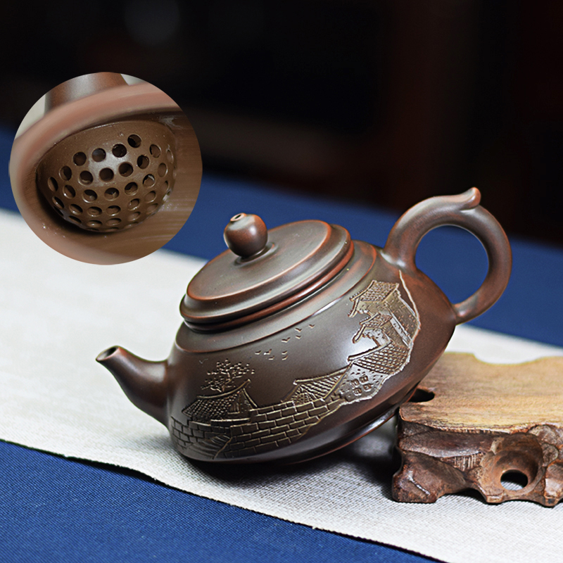 广西钦州坭兴陶手工雕刻山水吉祥壶功夫茶道茶具球孔茶壶精品茶礼