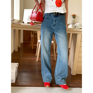 直筒裤 流行显瘦双侧线窄版 女百搭韩系宽松休闲春装 水洗蓝牛仔裤