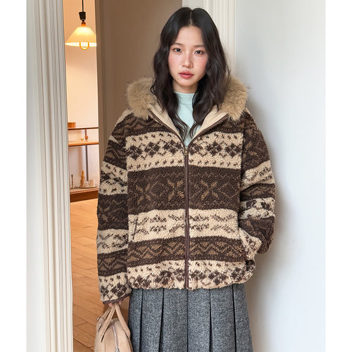 冬季撞色费尔岛加厚连帽拉链外套