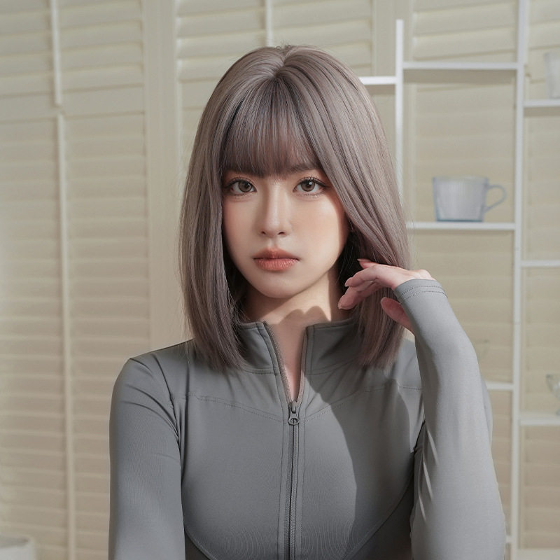 韩版灰紫色假发女齐刘海BOBO头假发蓬松自然仿真短直发全头套wigs