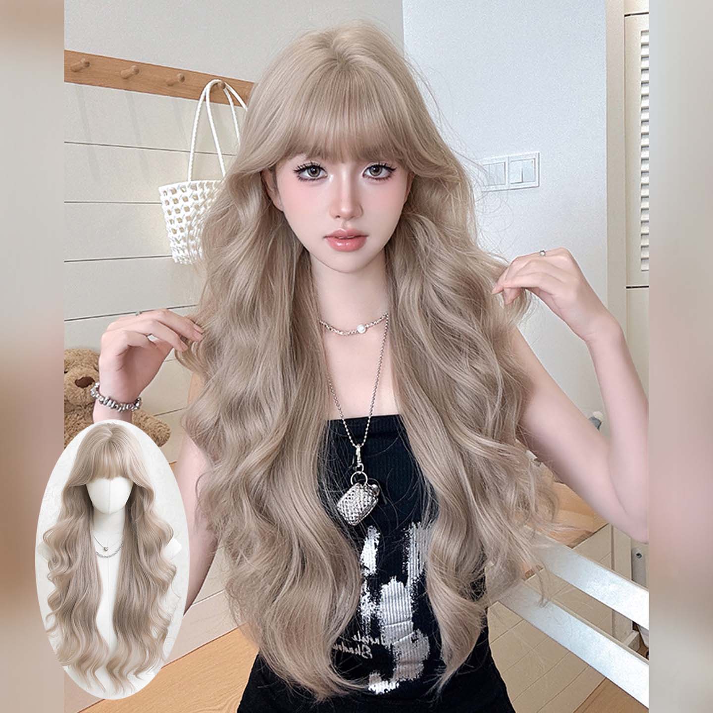 奶茶灰棕假发女齐刘海大波浪长发假发蓬松自然长卷发头套long wig