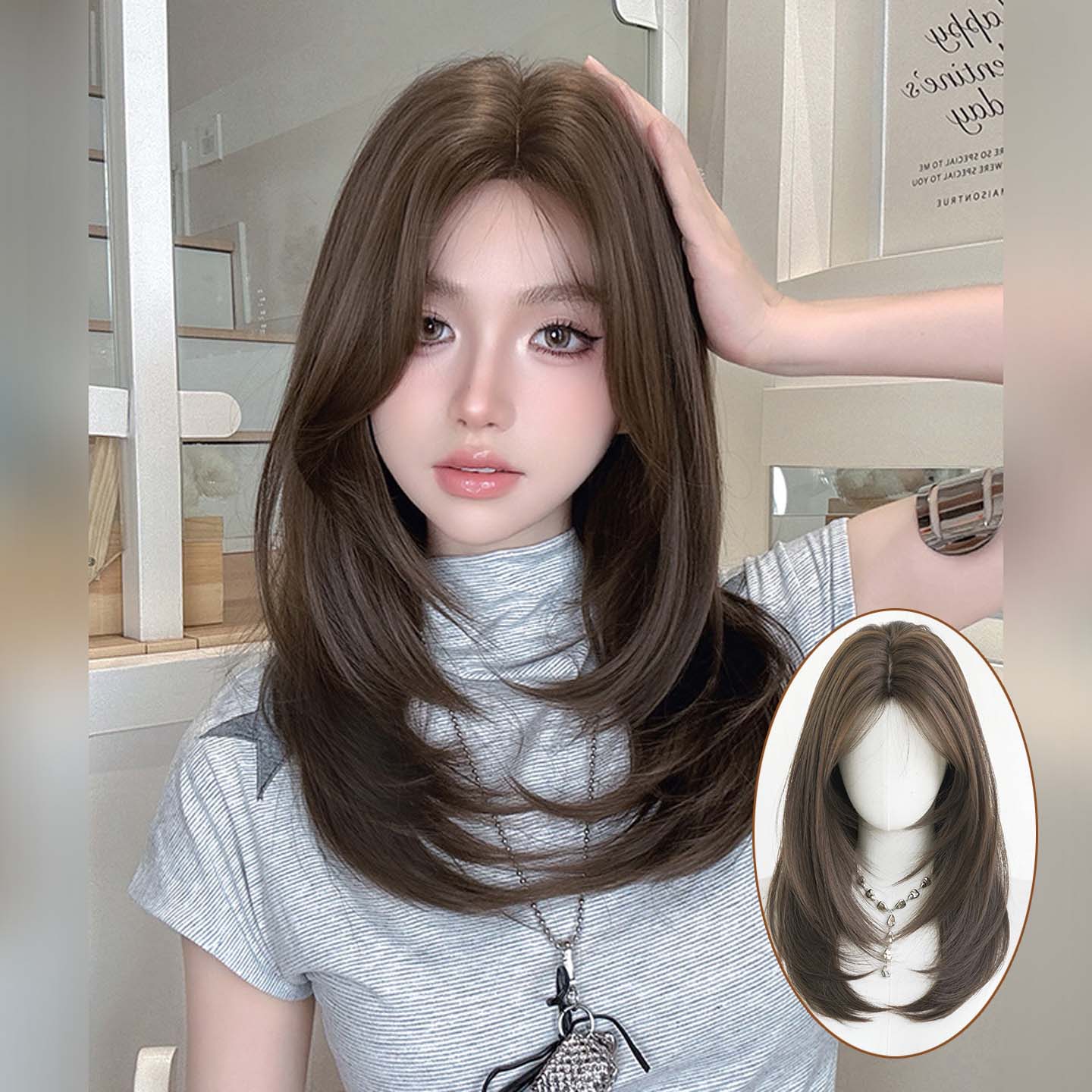 可可棕色假发女中分高层次内扣中长直发假发全头套仿真发修脸wigs