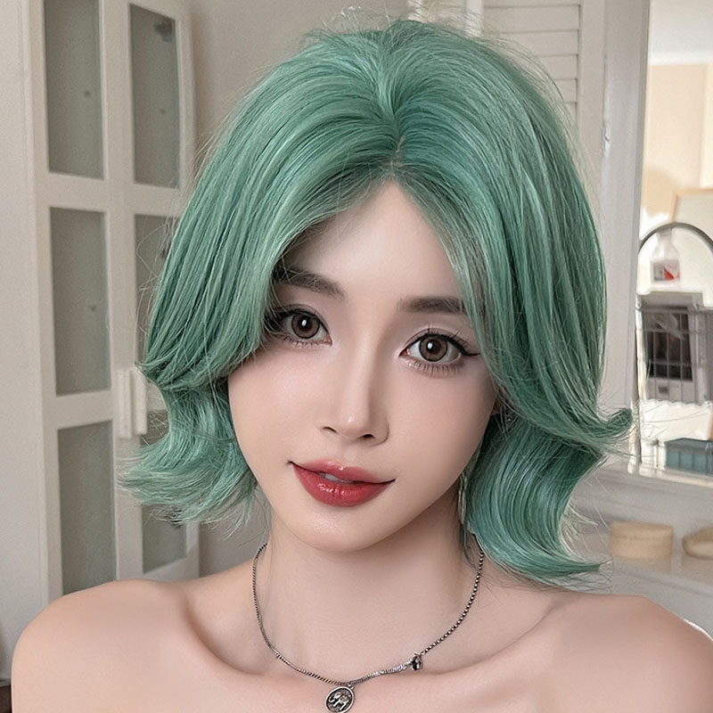 薄荷绿假发女手织蕾丝短发假发全头套仿真蓬松中分短卷发lace wig