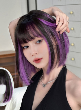 灵境紫挑染假发女齐刘海BOBO头短发假发全头套时尚酷炫短直发wigs