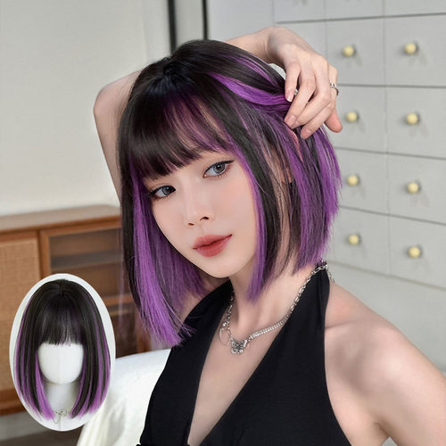 灵境紫挑染假发女齐刘海BOBO头短发假发全头套时尚酷炫短直发wigs