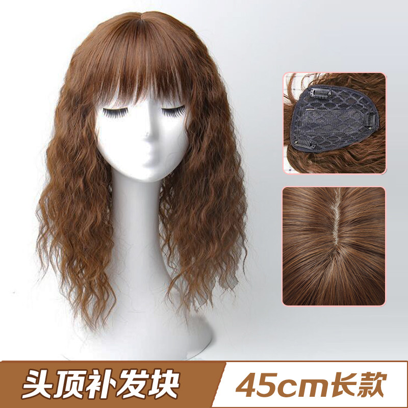 碎刘海带头顶玉米烫长卷发