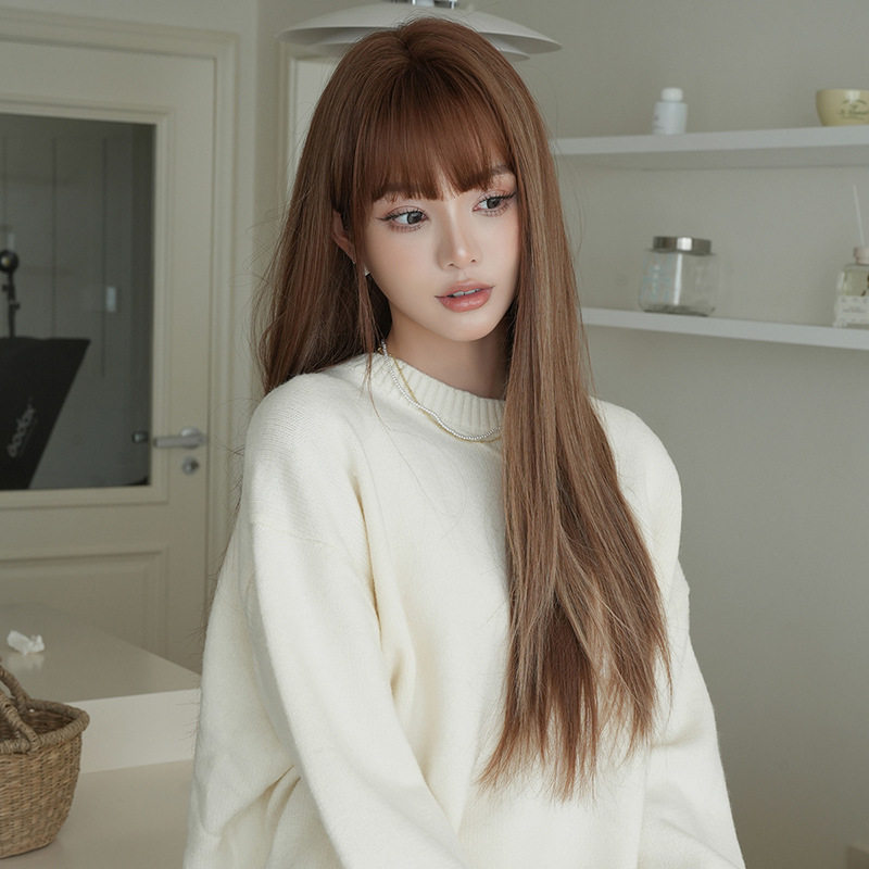 棕色挑染砂金色假发女长直发假发全头套自然仿真简约长发假毛wigs
