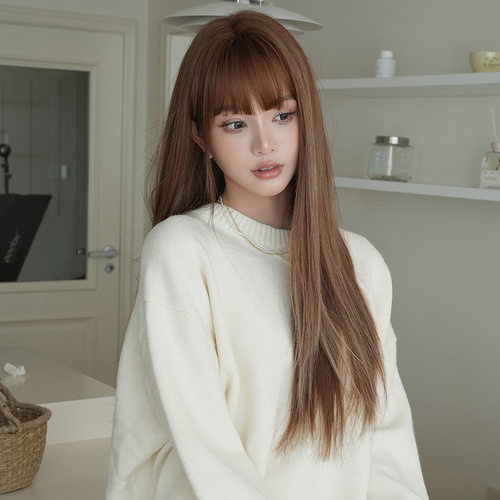 棕色挑染砂金色假发女长直发假发全头套自然仿真简约长发假毛wigs