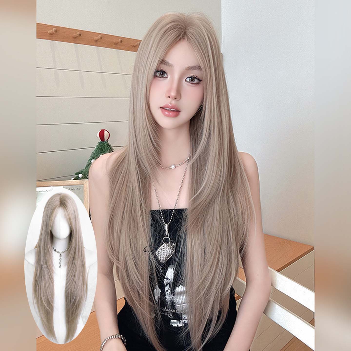 奶茶灰棕假发女中分刘海长直发假发头套时尚修脸层次感超长发wigs