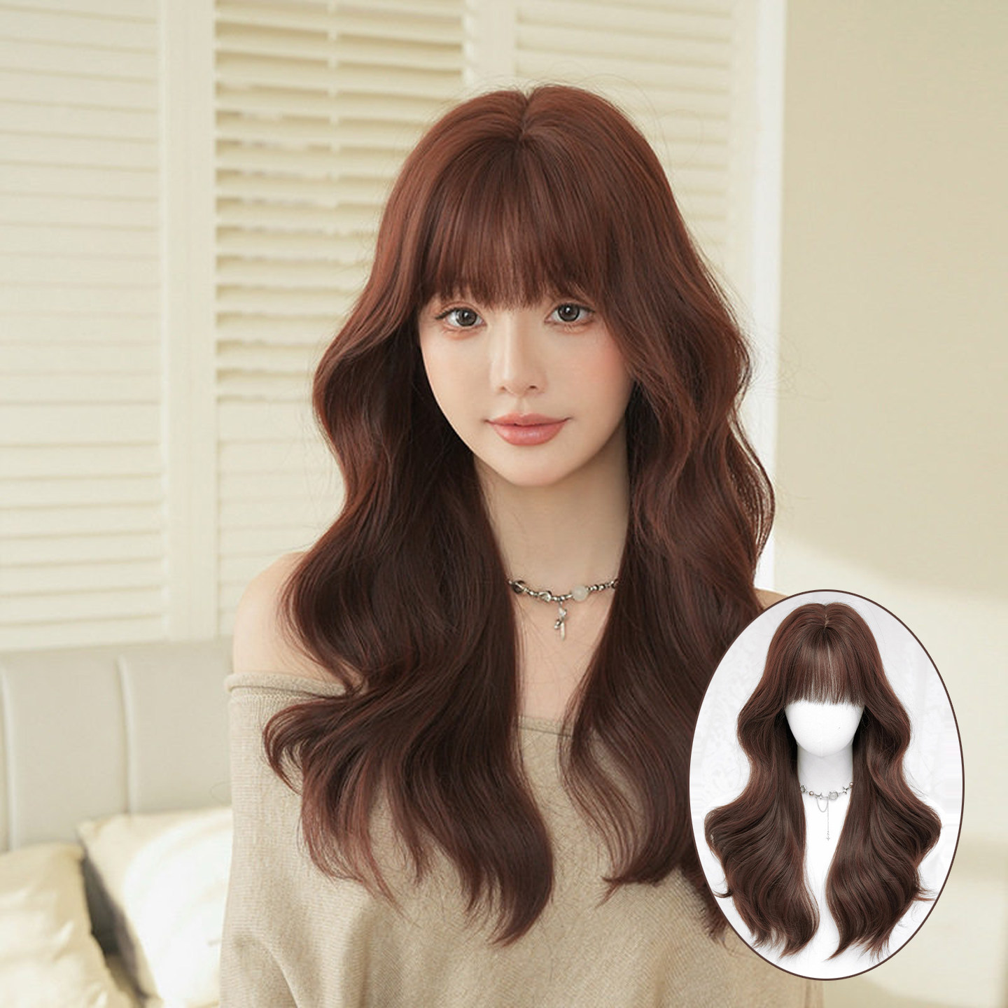 暗红豆沙色假发女齐刘海长卷发假发头套蓬松显白大波浪卷长发wigs