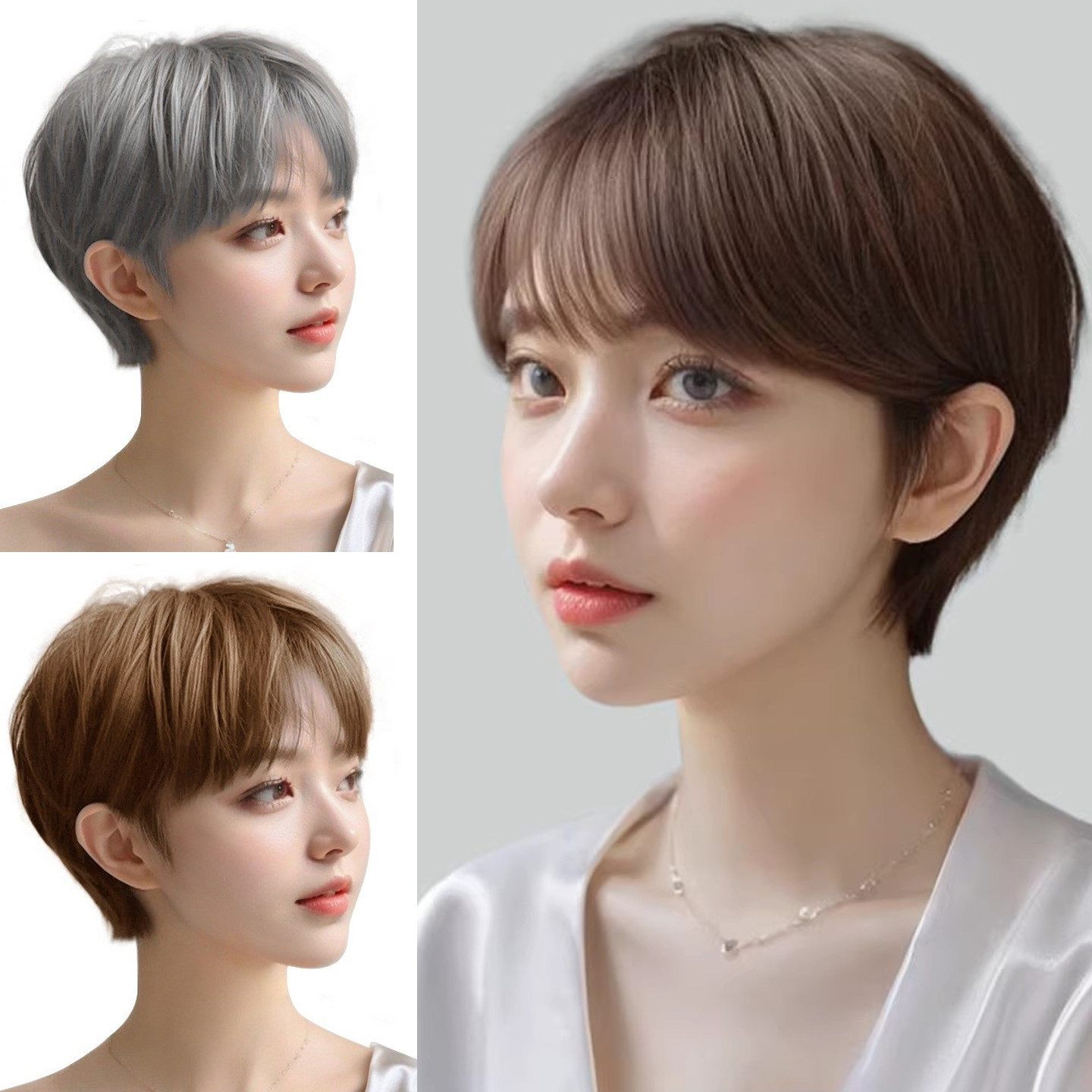 棕黑色假发女斜刘海短发假发全头套时尚修脸帅气短直发Short Wig