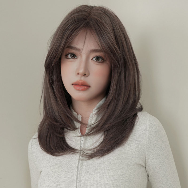 日韩版雾霾紫假发女中分层次内扣中长直发假发全头套蓬松自然wigs