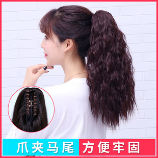 黑色假发女抓夹玉米烫马尾假发蓬松自然仿真发长卷发高马尾辫子