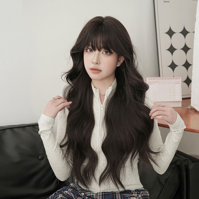黑茶色假发女齐刘海长卷发全头套日韩式自然弧度大波浪卷长发wigs