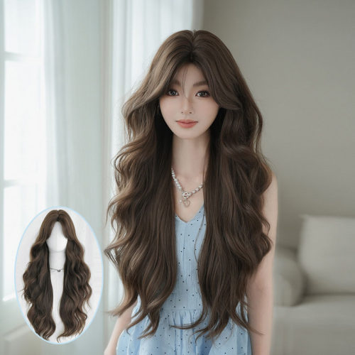 蜜茶棕色假发女中分八字刘海长卷发假发头套蓬松自然波浪卷发wigs
