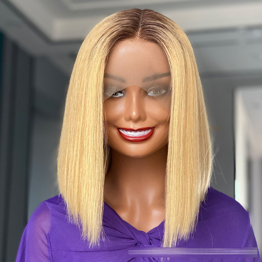 欧美假发女前蕾丝中分短直发真发全头套蓬松渐变金色短发lace wig