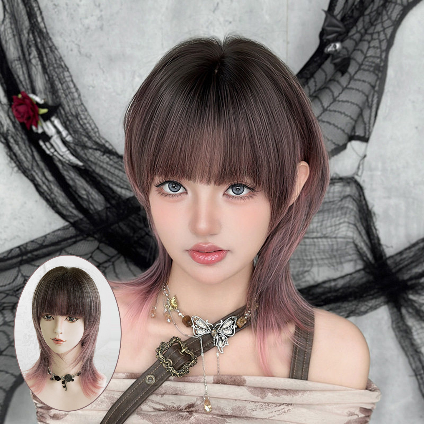 粉红渐变色假发女齐刘海短发假发全头套网红个性狼尾短直发wigs