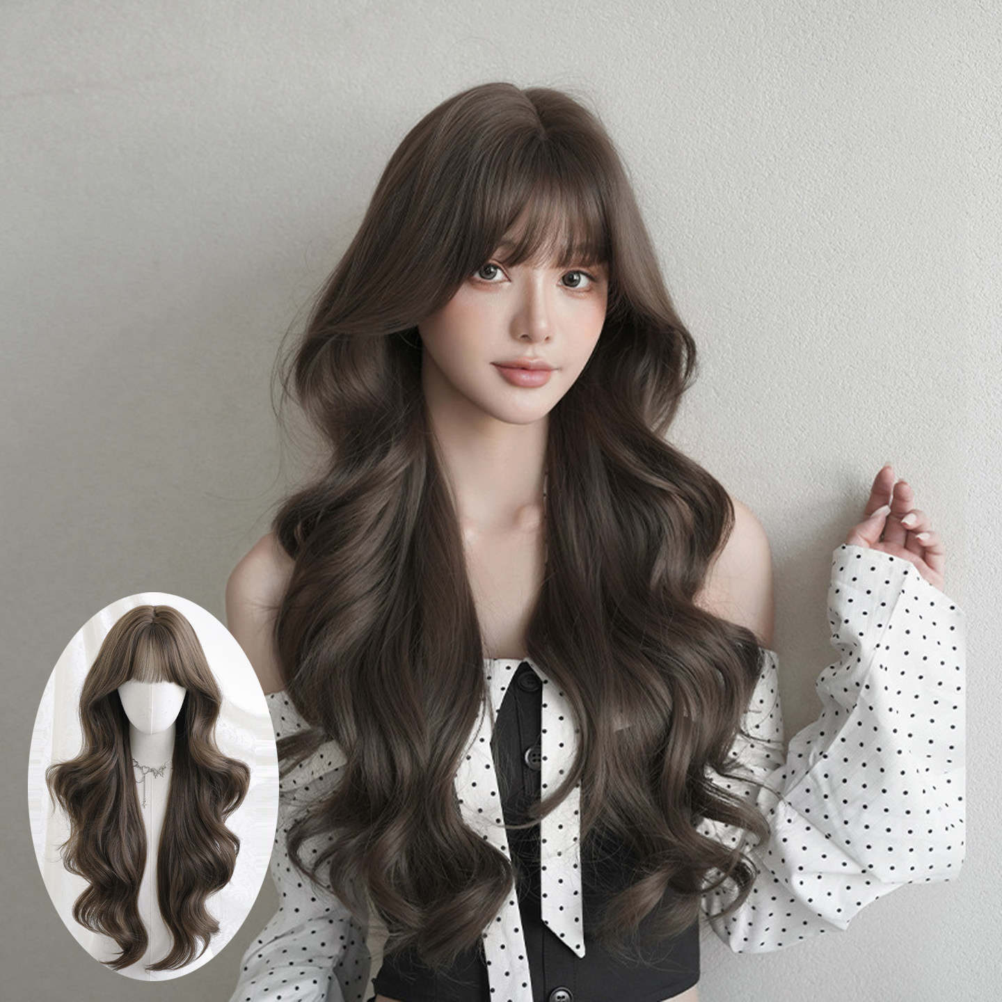 可可棕色假发女齐刘海大波浪长卷发假发套蓬松层次感齐腰长发wigs