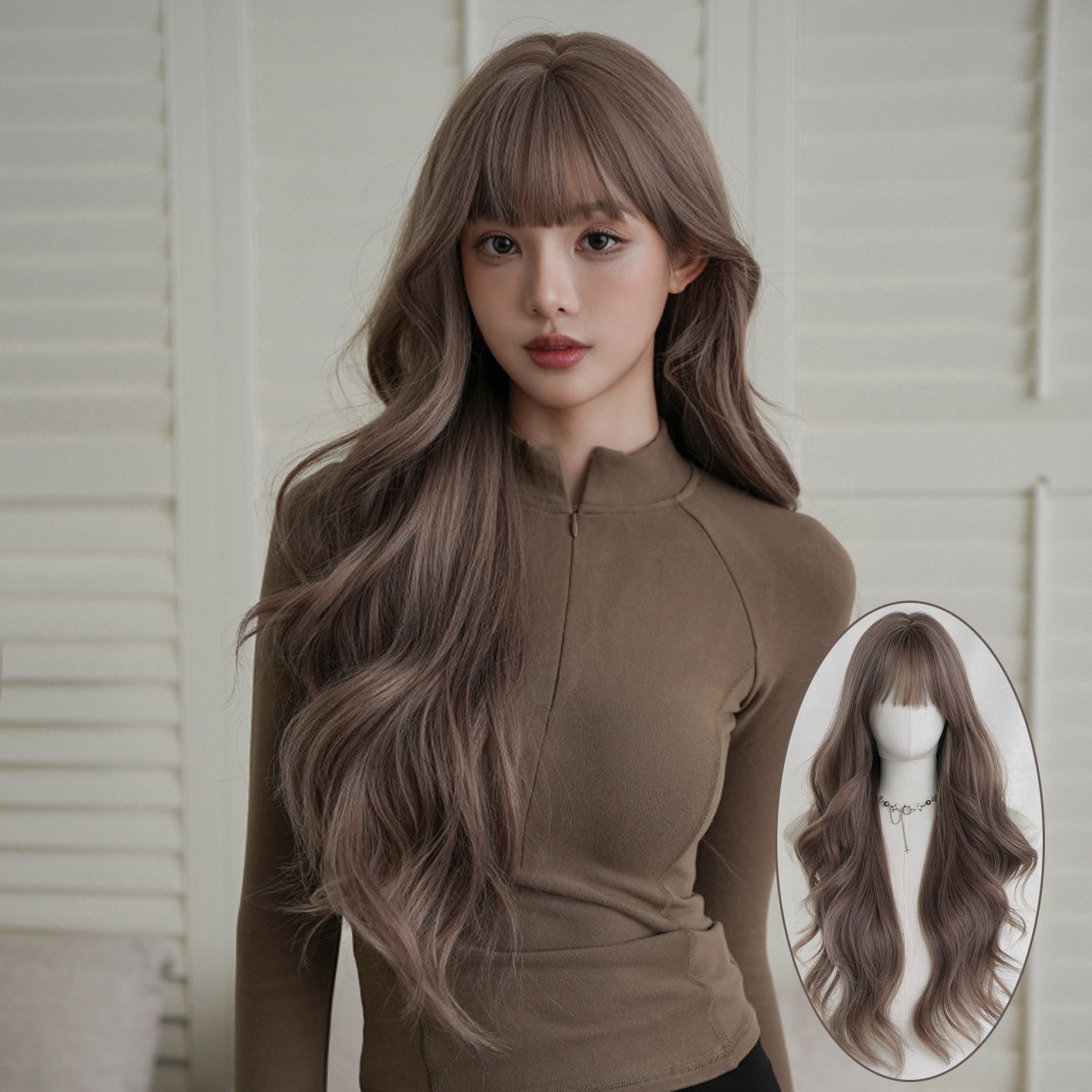 薄藤粉紫色假发女齐刘海长卷发全头套蓬松自然仿真大波浪长发wigs