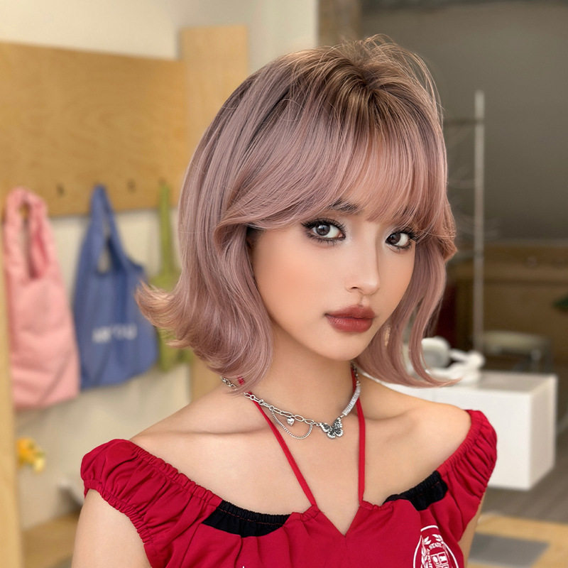 雾粉头顶染假发女薄齐刘短卷发假发全头套甜酷发尾外翘短发wigs