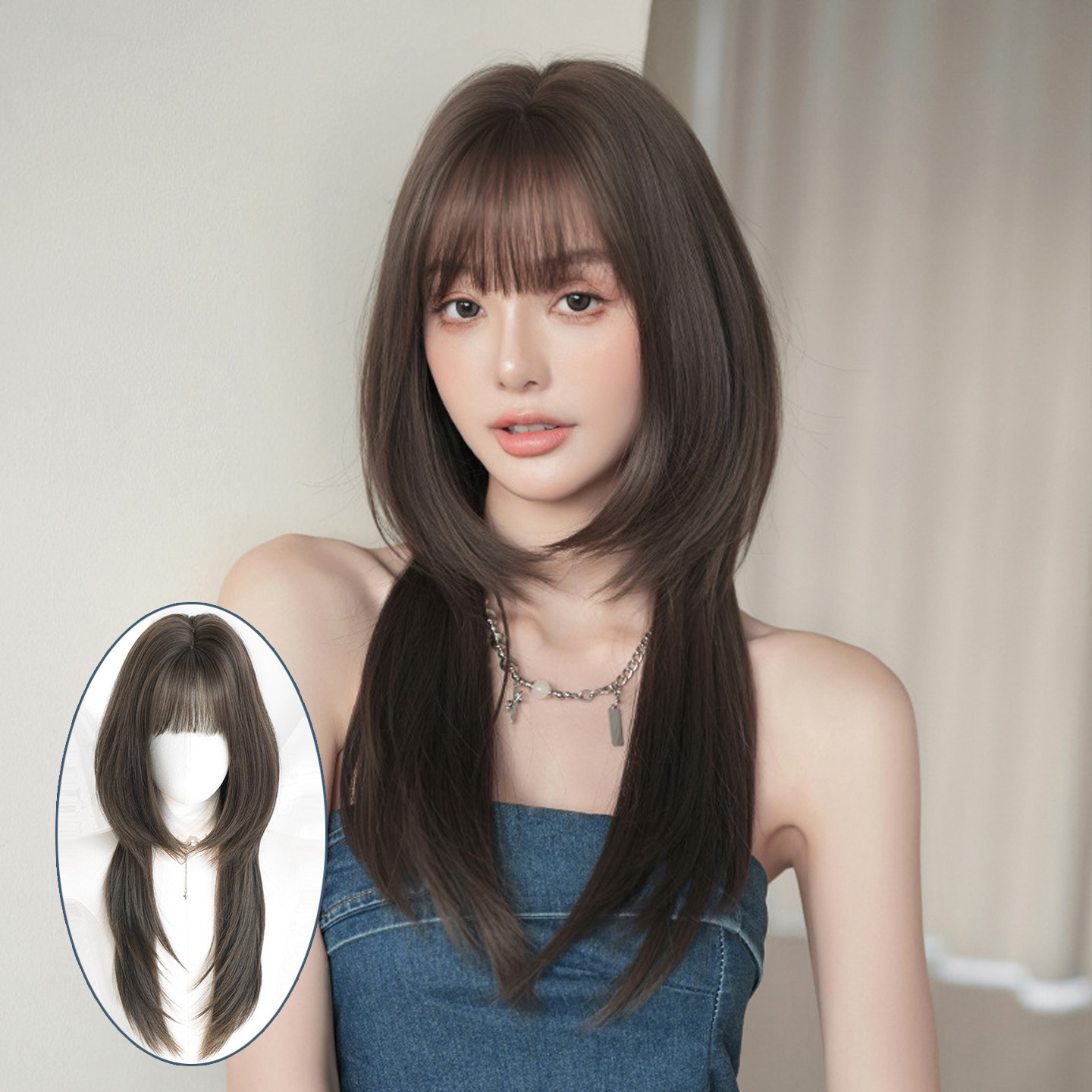 冷棕色假发女高层次水母头时尚自然仿真头皮齐刘海长直发假发套
