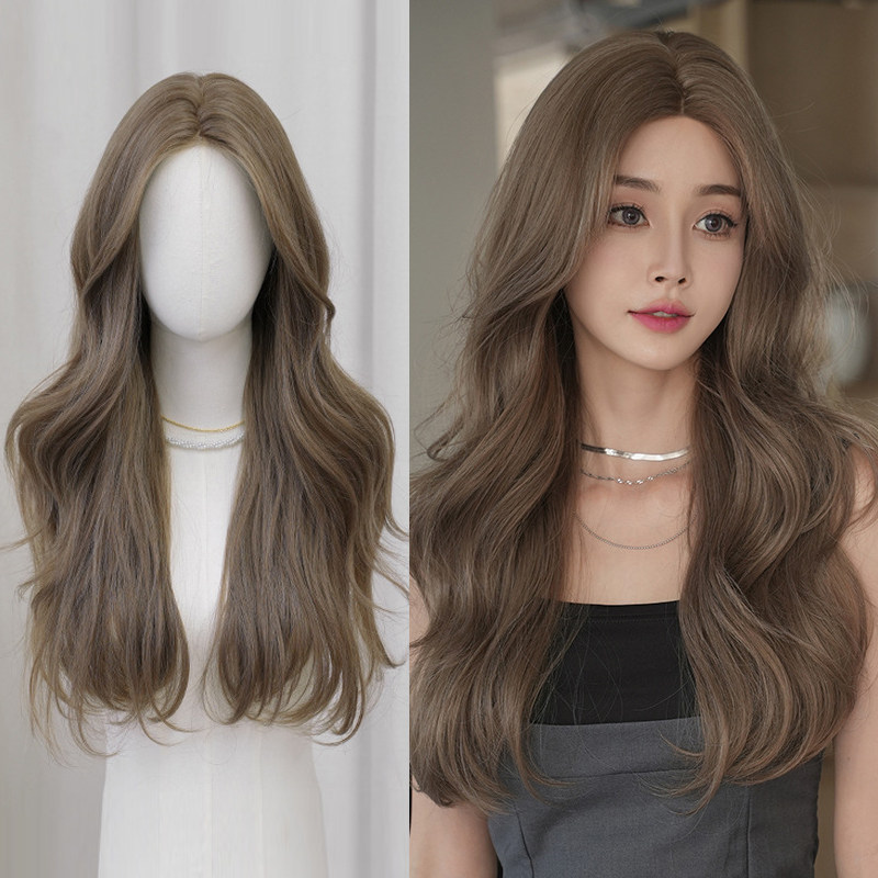 法式假发女前一字手织中分长卷发假发茶雾灰色大波浪长发lace wig