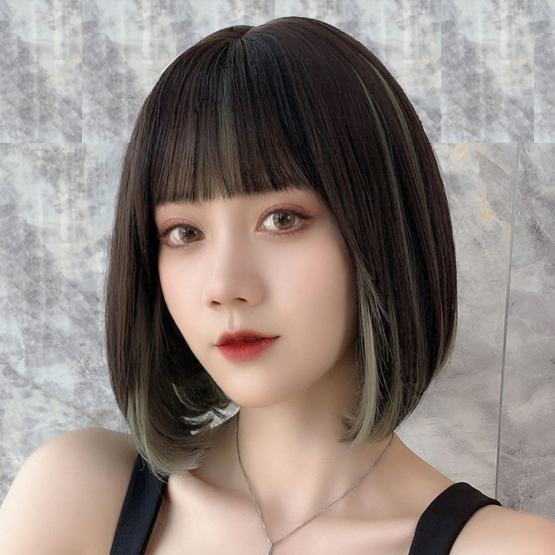 Lisa同款挑染假发女齐刘海BOBO头短发全头套蓬松挂耳染锁骨发假发