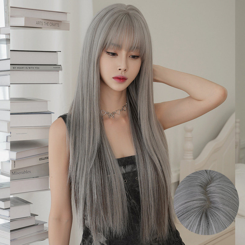 韩式假发女齐刘海长直发假发头套自自然动漫COS银灰挑染黑长发wig