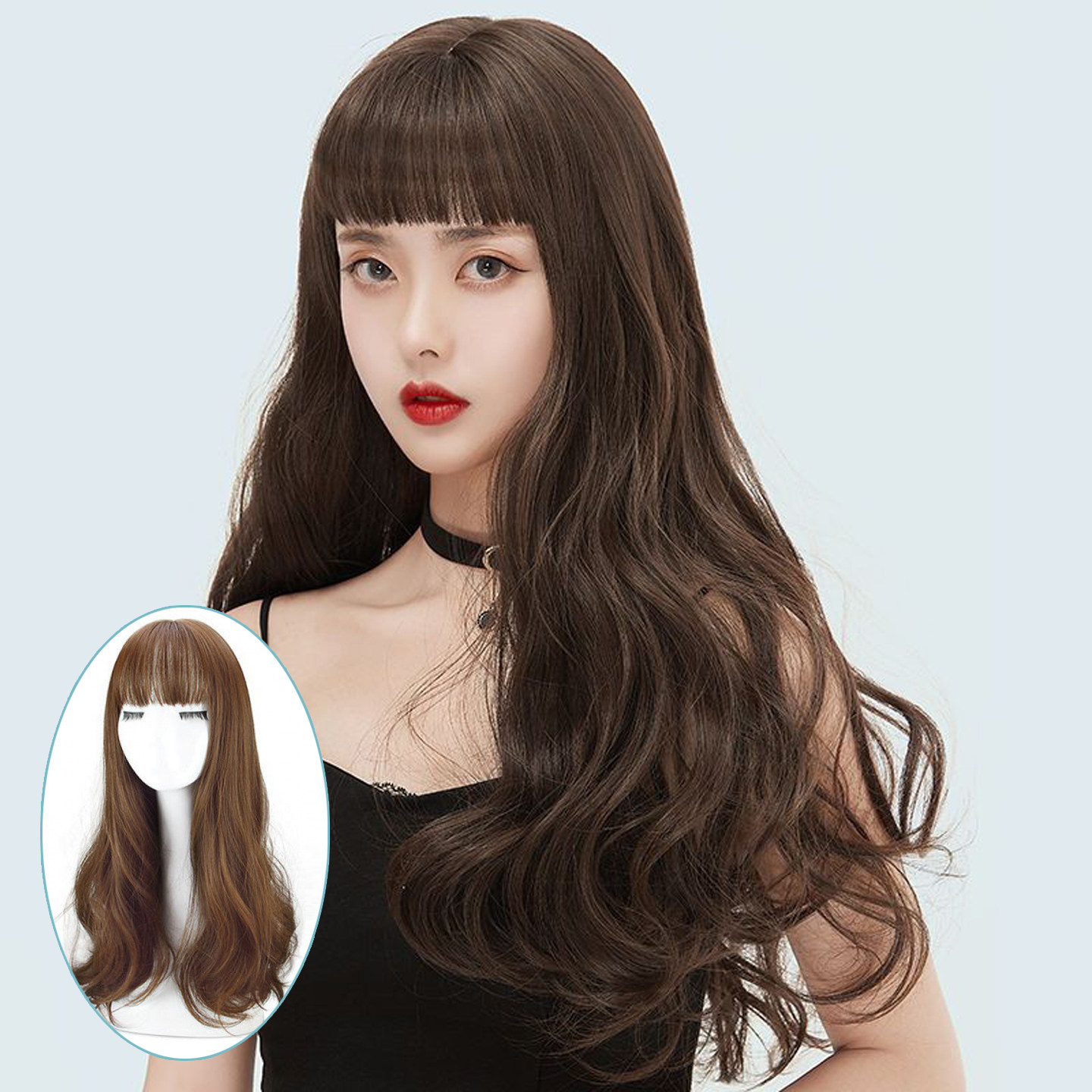 自然黑假发女齐刘海长卷发假发全头套蓬松自然大波浪长发long wig
