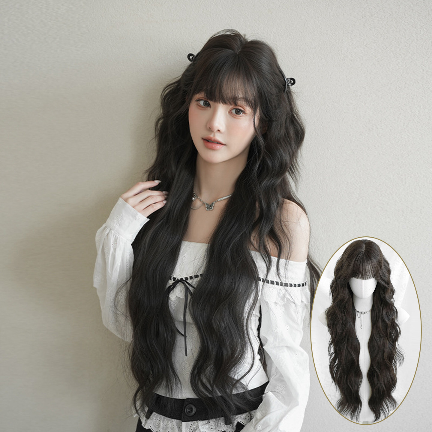 黑棕色超长假发女齐刘海长卷发假发仿真层次感长发Extra long wig
