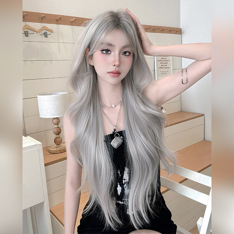 星灰头顶染假发女中分刘海长卷发假发头套蓬松仿真发大波浪超长发