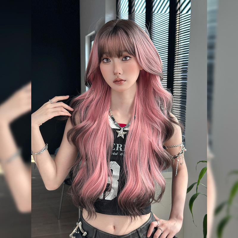 粉红头顶染假发女齐刘海长卷发假发套蓬松仿真层次感大波浪长发