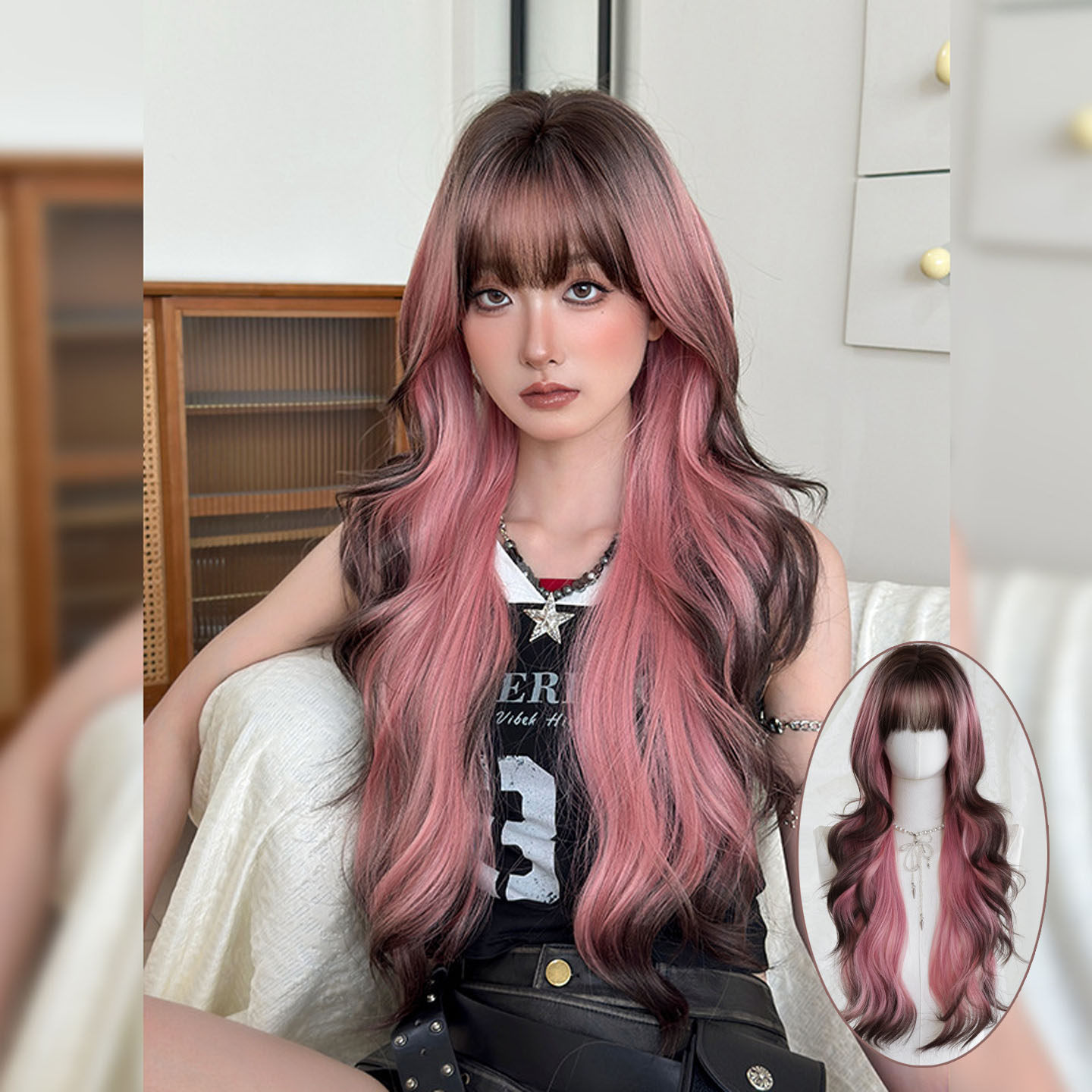 粉红头顶染假发女齐刘海长卷发假发套蓬松仿真层次感大波浪长发