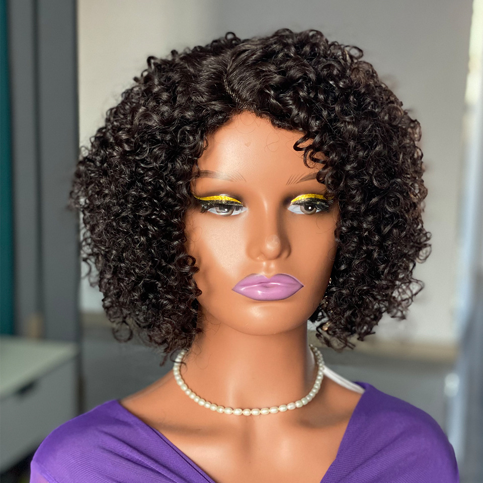 非洲小卷发短发假发女侧分短卷发真发头套Short kinky curly wigs