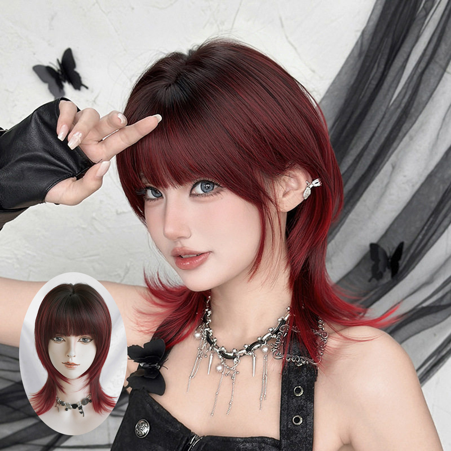 个性潮色假发女齐刘海狼尾短直发假发全头套胭脂红渐变短发wigs