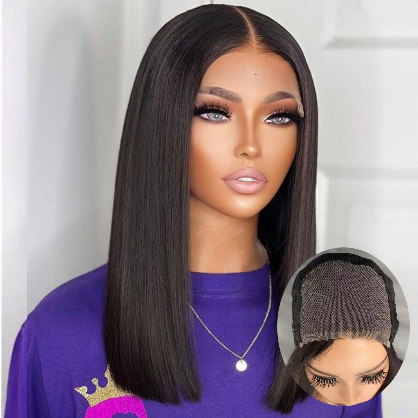 欧美假发女前蕾丝任意分缝中长直发真发套Middle Part lBobo wigs