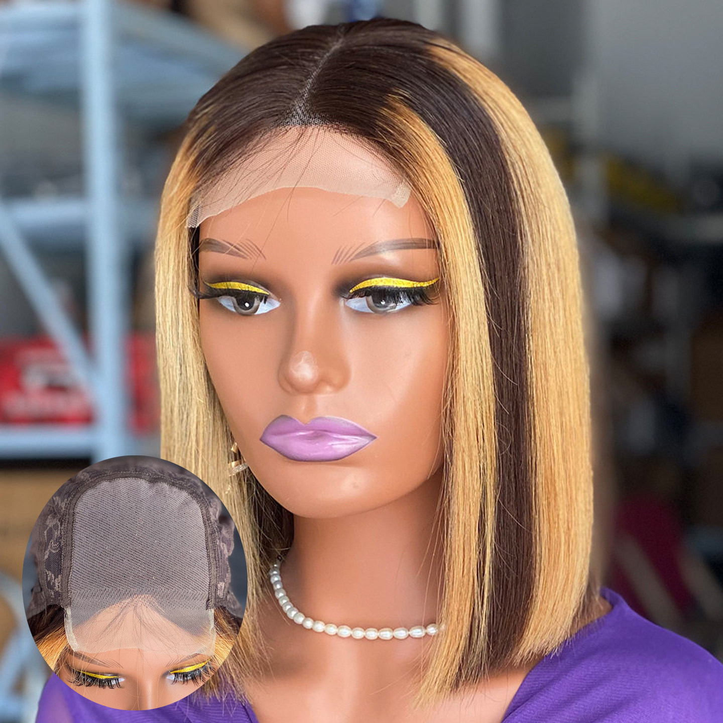 非洲假发女前手织蕾丝齐肩发短发真发全头套挑染短直发lace wigs