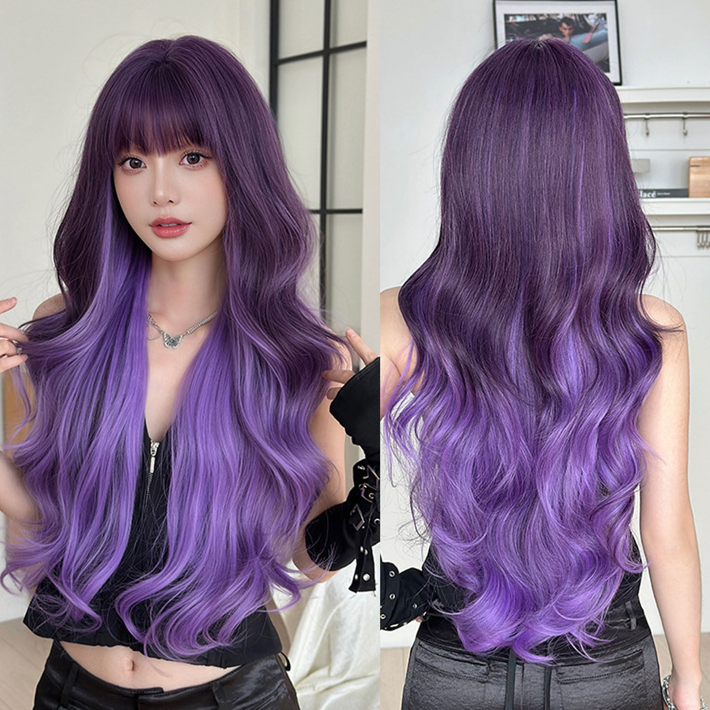 黑幻紫色假发女齐刘海长卷发假发全头套甜酷蓬松大波浪长发wigs
