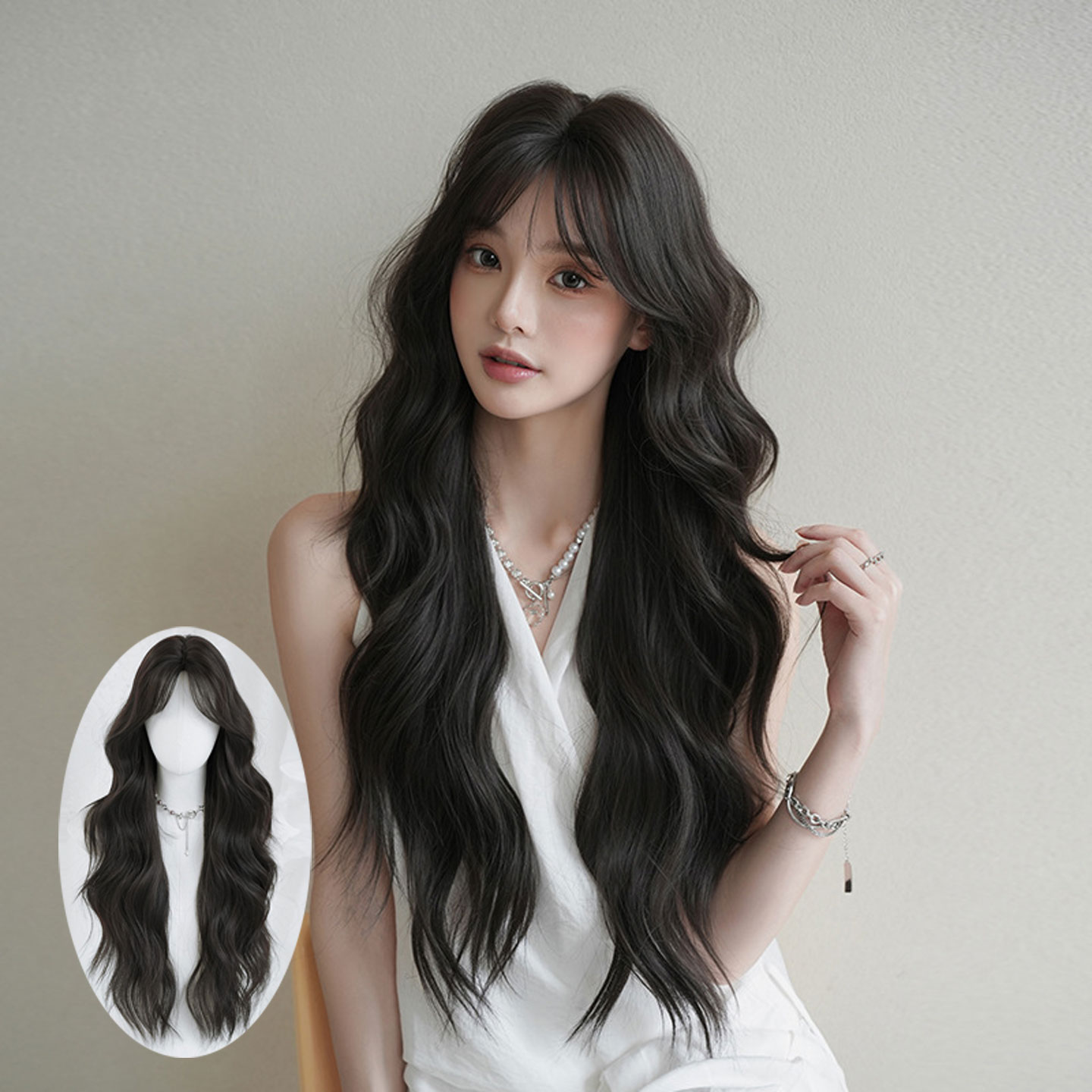 黑棕色假发中分八字刘海波浪卷长发假发全头套蓬松自然长卷发wigs