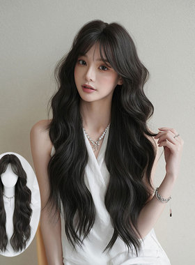 黑棕色假发中分八字刘海波浪卷长发假发全头套蓬松自然长卷发wigs