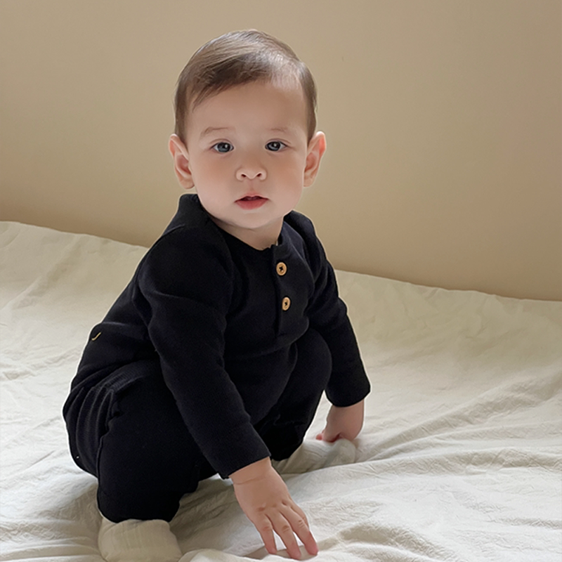 婴儿连身衣男女童纯色黑色开门襟连身衣/爬服/哈衣
