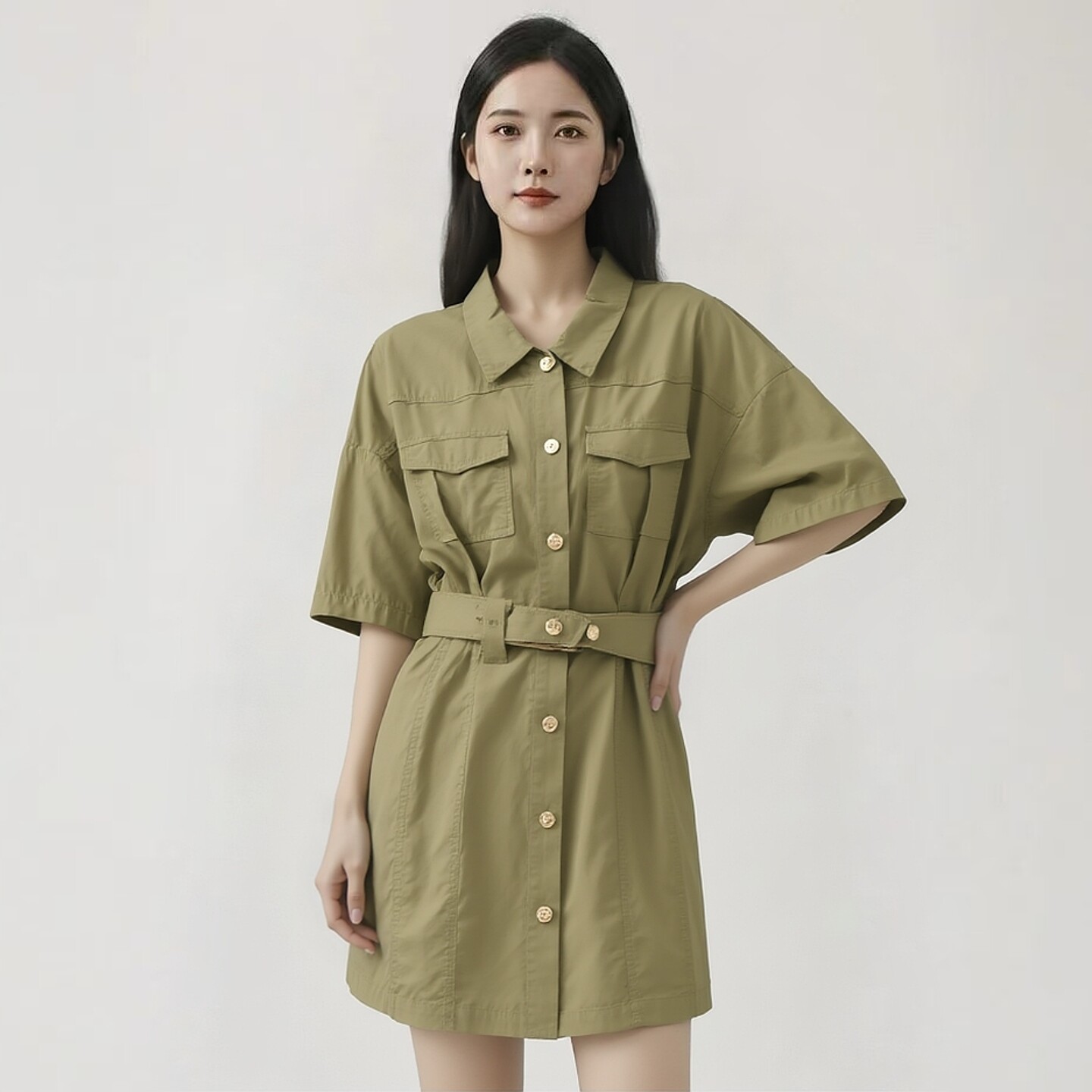 2026夏朵Y系列1 衣佳人折扣女装  翻领腰带收腰工装风连衣裙 6015