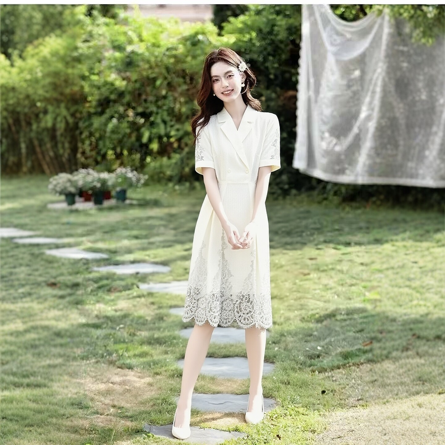 2026夏二三线品牌 衣佳人折扣女 翻领 蕾丝拼接 女人味连衣裙4100
