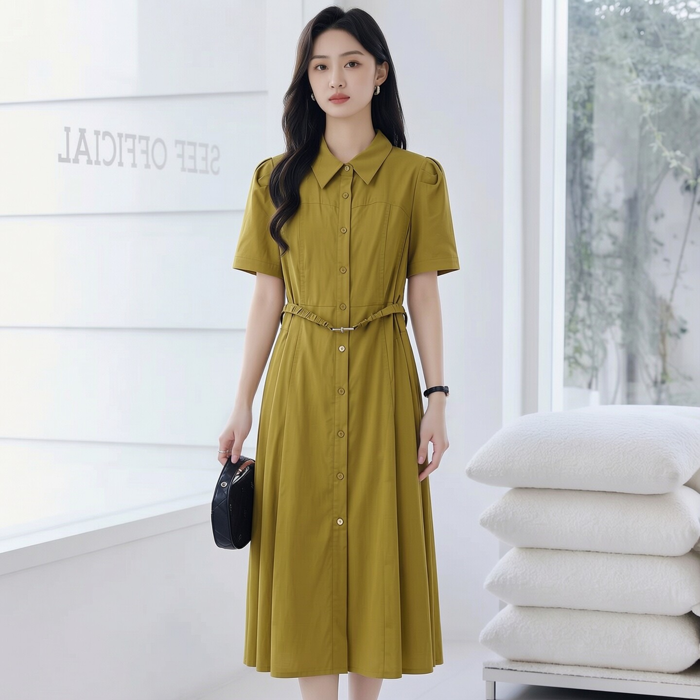 2026夏H海系列1 衣佳人折扣女装 娃娃领 腰带收腰纯色连衣裙 159