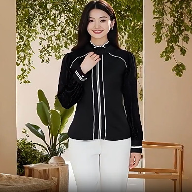 2025春海H系列 衣佳人折扣女装 木耳边领 竖条纹 长袖雪纺衫  52