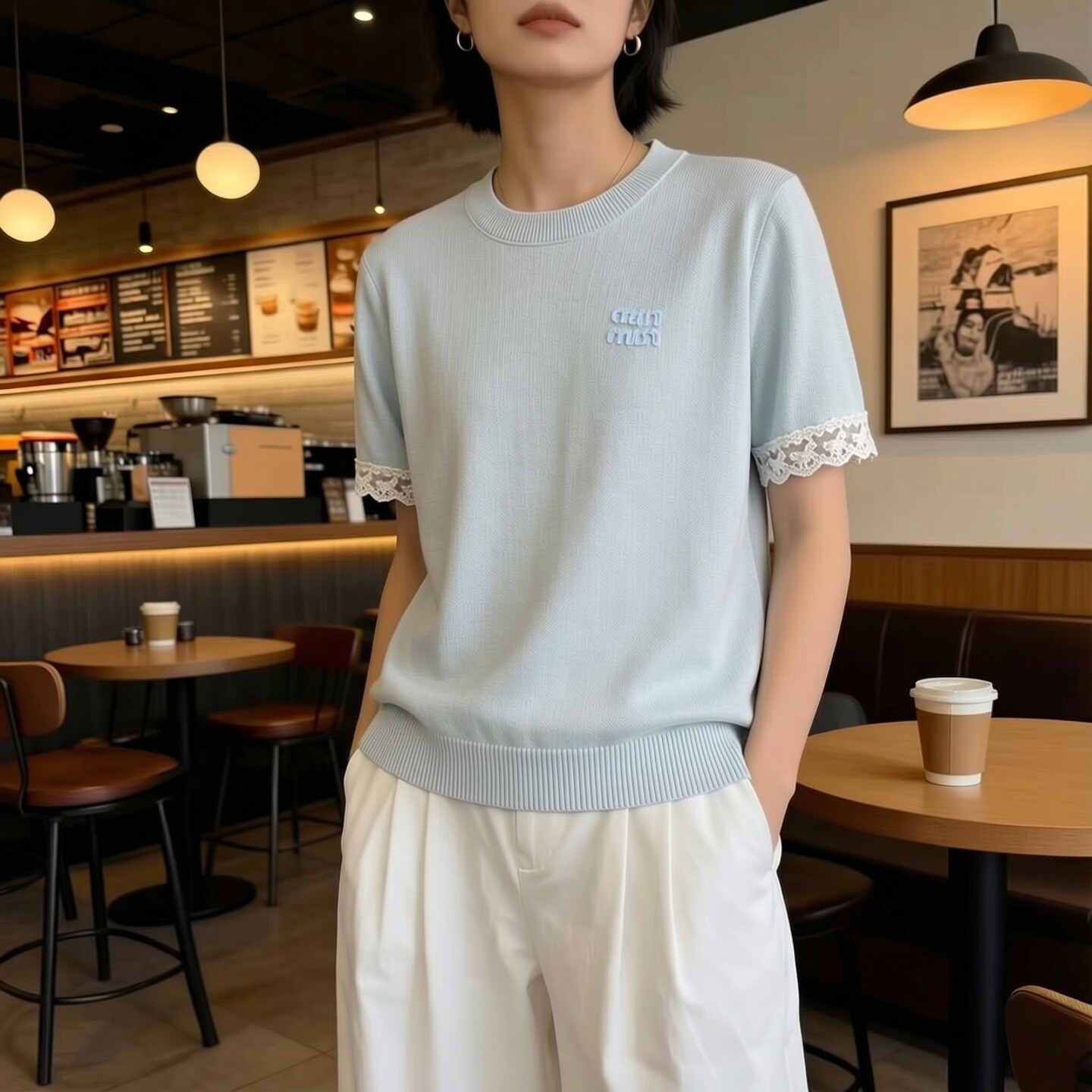 2026夏莱L系列1 衣佳人折扣女装 圆领 蕾丝袖口清新 短袖针织衫53