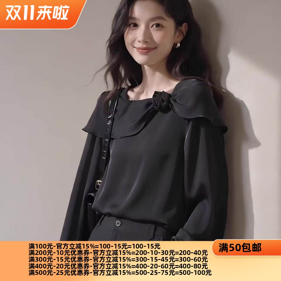 2026秋魅M系列 衣佳人折扣大码女 立体花朵荷叶边长袖雪纺衫 3010